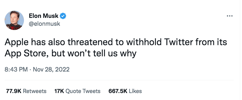 Tuit de Musk sobre la amenaza de Apple a Twitter