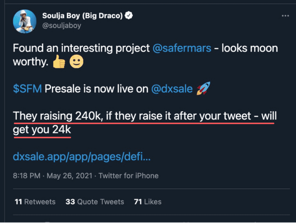 Tweet de Soulja Boy sobre SafeMars
